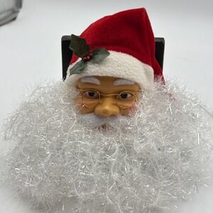 Blow Mold Santa Head Tinsel Bearded Gold Rim Glasses Hanging Christmas Ornament